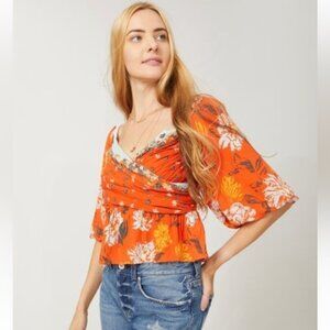 Free People Mirabella A Line Burnt Orange Floral Puff Sleeve Crop Top